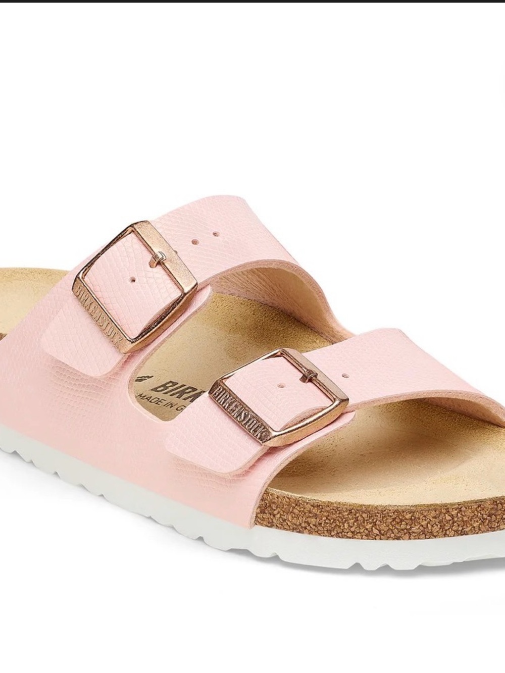Birkenstock Arizona Pink Two-Strap Sandal with Rose Buckles